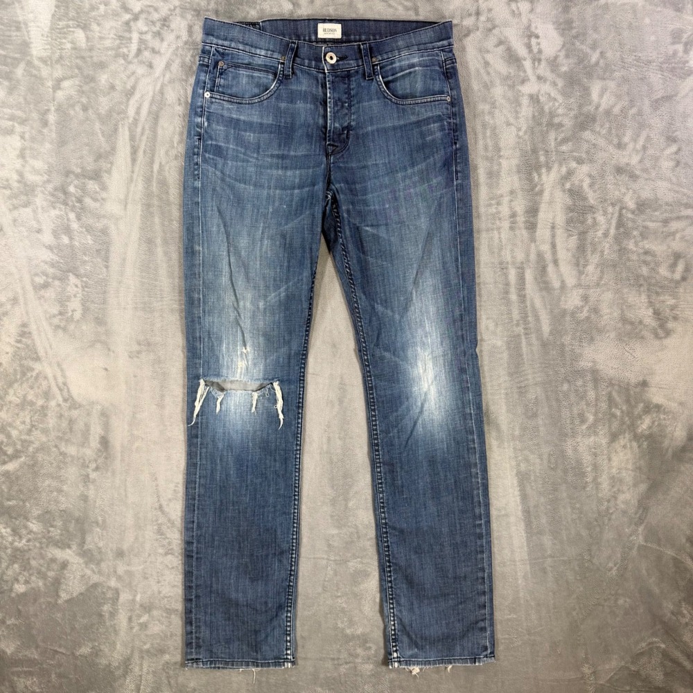 Hudson Byron Straight Jeans Men's Size 33x34 Blue Distressed Button Fly Denim